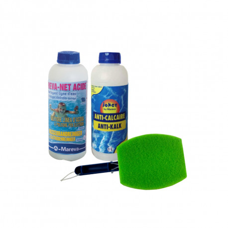 Pack nettoyage MAREVA pour parois de piscine - Brosse détergente - Nettoyant ligne d'eau - Anti-calcaire