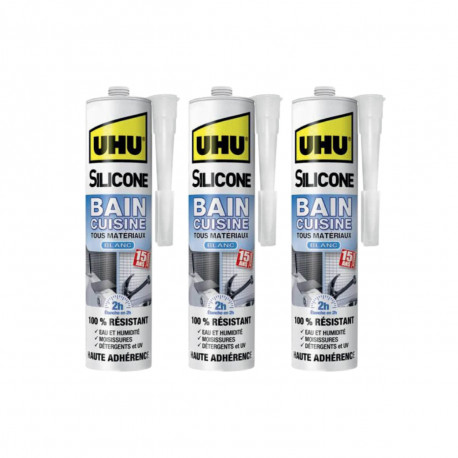 Lot de 3 silicones mastic UHU Bain Cuisine 2H Blanc Cartouche - 300ml
