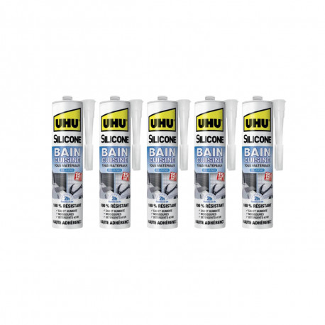 Lot de 5 silicones mastic UHU Bain Cuisine 2H Blanc Cartouche - 300ml