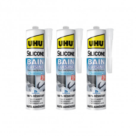 Lot de 3 silicones mastic UHU Bain Cuisine 2H Transparent Cartouche - 300ml