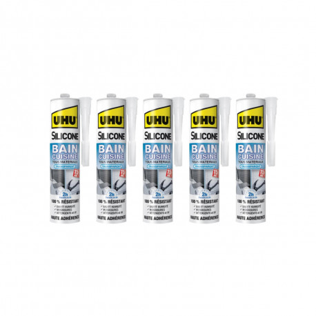 Lot de 5 silicones mastic UHU Bain Cuisine 2H Transparent Cartouche - 300ml