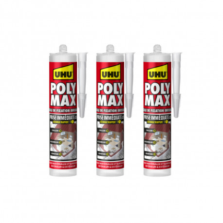 Lot de 3 colles mastic Prise Immédiate Polymax UHU Invisible cartouche - 300 g