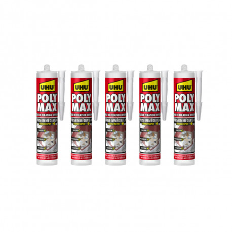 Lot de 5 colles mastic Prise Immédiate Polymax UHU Invisible cartouche - 300 g