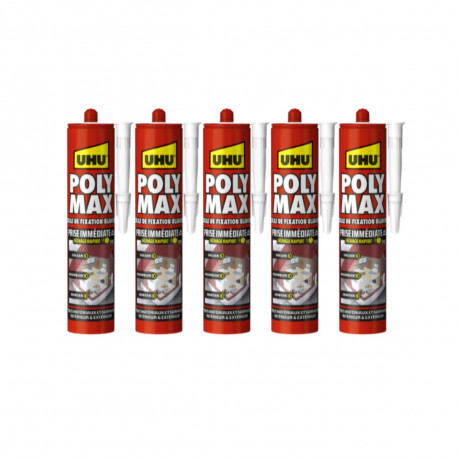 Lot de 5 colles mastic Prise Immédiate Polymax UHU Blanc cartouche - 425 g
