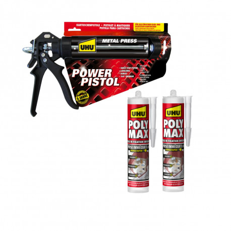 Pack UHU Power Pistol - 2 cartouches colle mastic Prise Immédiate Polymax Invisible - 2 x 300g