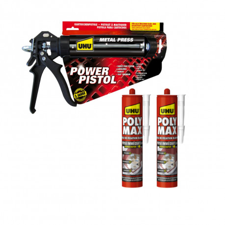 Pack UHU Power Pistol - 2 cartouches colle mastic Prise Immédiate Polymax Blanc - 2x425 g