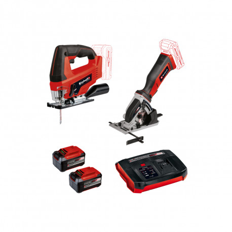 Pack EINHELL 18V Power X-Change Scie sauteuse pendulaire - Mini scie circulaire - 2 batteries 5.2 Ah Twinpack - 1 chargeur Boos