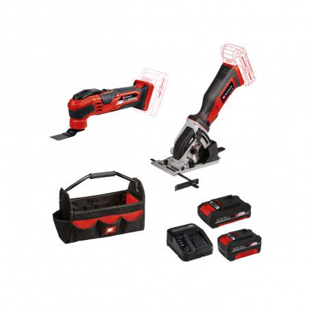 Pack EINHELL 18V Power X-Change - Outil multifonctions - Mini scie circulaire - Batterie 2.0Ah - Batterie 4.0Ah - Chargeur rapid