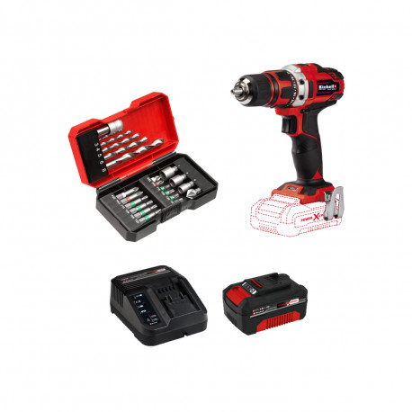 Pack EINHELL Perceuse visseuse 18V Power X-Change - 18/40 Li-Solo - Starter Kit Power 4.0Ah - Coffret 22 accessoires