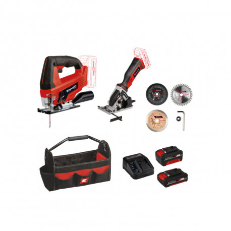 Pack EINHELL 18V Power X-Change - Scie sauteuse pendulaire - Mini scie circulaire - 3 mini lames - Batteries 4.0Ah et 2.0Ah - Ch
