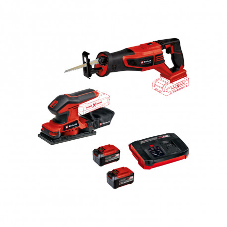 Pack EINHELL 18V Power X-Change - Scie sabre universelle - Ponceuse vibrante - 2 batteries 5.2 Ah - 1 chargeur Booster