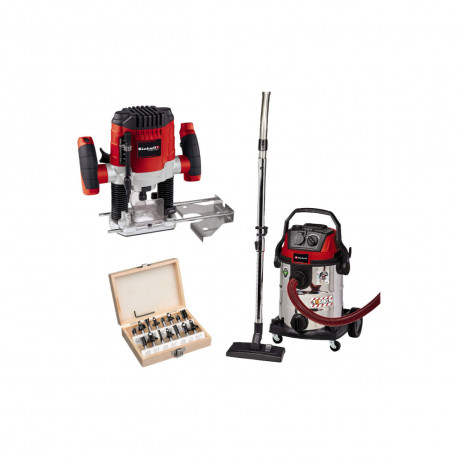 Pack EINHELL - Aspirateur eau et poussière TE-VC 2025 SACL - 1200W - 25L - Défonceuse TC-RO 1155 E - 1100W - 55mm - Coffret 15 f