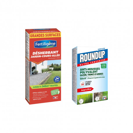 Pack désherbage - Désherbant concentré FERTILIGÈNE - 800ml - Anti-mousses ROUNDUP - Gazon et troncs d'arbres - 500ml