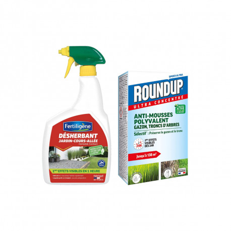 Pack entretien - Désherbant FERTILIGÈNE - 900ml - Anti-mousses ROUNDUP - 250ml