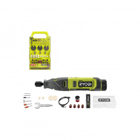 Pack RYOBI - Mini-outil multifonction RRT4-120GA15 - 4V - 1 Batterie 2.0Ah - 1 Câble USB C - 15 Accessoires - Kit de 155 accesso