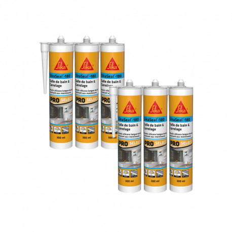 Lot de 6 mastics silicone SIKA Sikaseal-180 Salle de bain & carrelage - Blanc - 300ml