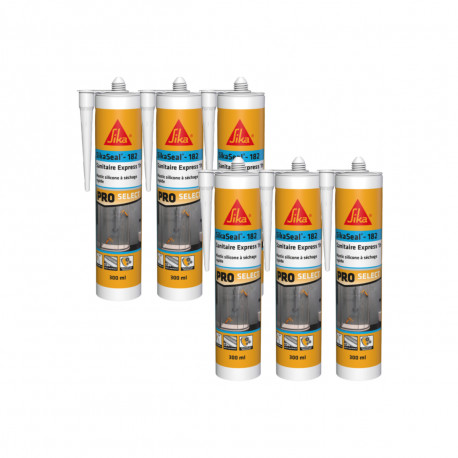 Lot de 6 mastics silicone à séchage rapide SIKA SikaSeal-182 Sanitaire Express 1h - Transparent - 300ml