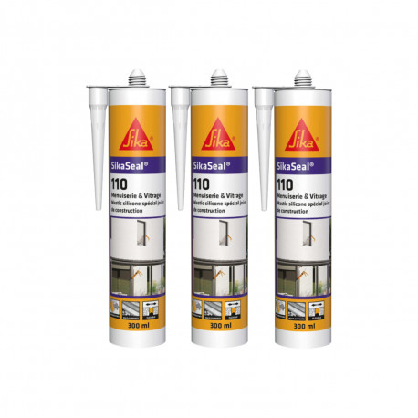 Lot de 3 mastics silicone SIKA SikaSeal 110 Menuiserie & Vitrage - Blanc PVC - 300ml