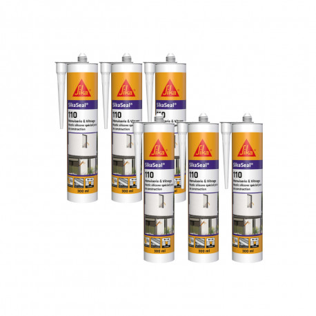 Lot de 6 mastics silicone SIKA SikaSeal 110 Menuiserie & Vitrage - Blanc PVC - 300ml