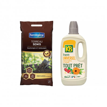Pack jardinage - Terreau semis FERTILIGÈNE - 6L - Engrais universel toutes plantes, légumes et fruits KB - 1L