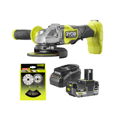 Meuleuse d'angle RYOBI 18V One+ Brushless RAG18BL - 125mm - Batterie 4,0Ah et chargeur - Lot de 6 disques