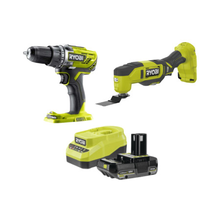 Pack 2 outils Perceuse-Visseuse et Outil Multifonction RYOBI 18V One+ - Avec batterie 2,0Ah et chargeur