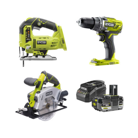 Pack Perceuse-visseuse - Scie sauteuse - Scie circulaire RYOBI 18V One+ - Batterie 4,0Ah et chargeur