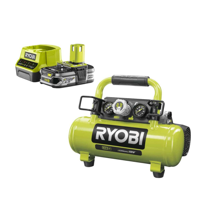 Pack RYOBI Compresseur à cuve 18V One Plus - 4L R18AC-0 - 1 Batterie 2.5Ah  - 1 Chargeur rapide RC18120-125 - Espace Bricolage