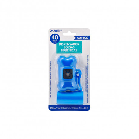 Distributeur de sacs déjections canines NAYECO - 2 rouleaux de 20 Sacs - Bleu