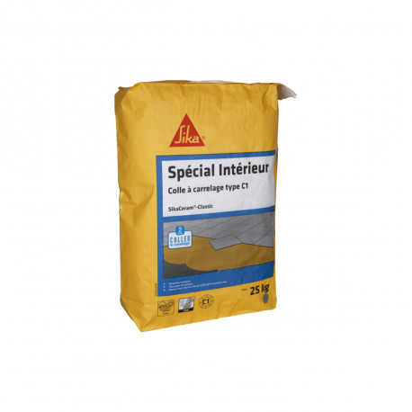 Colle à carrelage spécial intérieur en neuf (C1) - SIKA SikaCeram Classic - Gris - 25kg