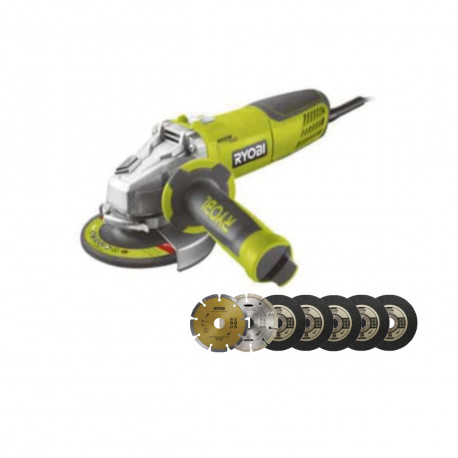 Pack RYOBI Meuleuse d'angle 1010W 125mm - 7 disque diamant et à tronçonner 125 mm