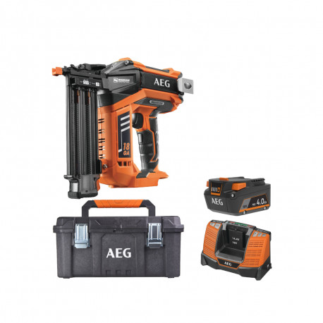Pack AEG 18V - Cloueur de finition 18 Ga Brushless - Batterie 4.0 Ah - Chargeur - Caisse de rangement