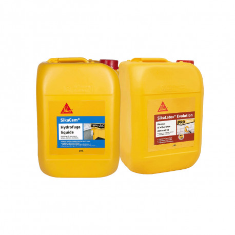 Pack Maçonnerie SIKA - Hydrofuge de masse liquide SikaCem 20L - Résine d'adhérence SikaLatex EVOLUTION 20L