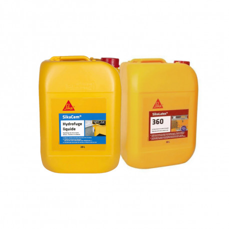 Pack Maçonnerie SIKA - Hydrofuge de masse liquide SikaCem 20L - Résine d'accrochage SikaLatex 360 - 20L