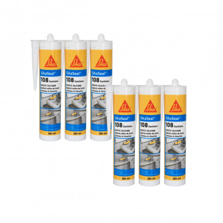 Lot de 6 mastics silicones anti-moisissure SIKA Sikaseal 108 Sanitaire - Blanc - 300ml