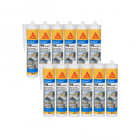 Lot de 12 mastics silicones anti-moisissure SIKA Sikaseal 108 Sanitaire - Blanc - 300ml