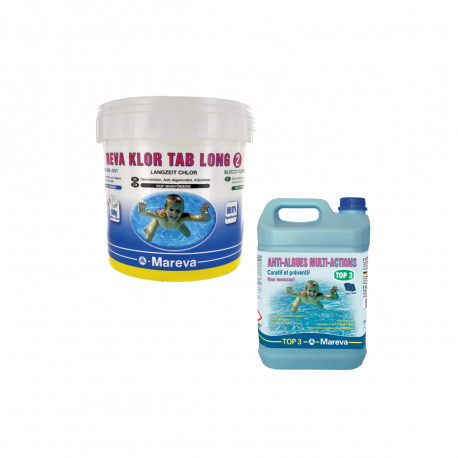 Pack MAREVA Désinfectant longue durée Reva-Klor tab long 2 - 5kg en galets de 500g - Top 3 Anti-algues multi-actions - 5 L